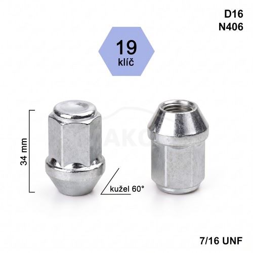 Kolová matice 7/16 UNF kužel zavřená, klíč 19 (D16)(N406) výška 34mm (3595)