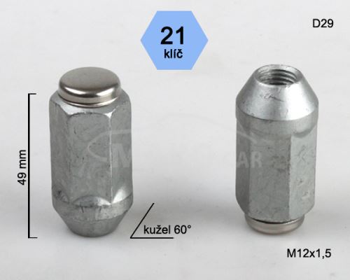 Kolová matice M12x1,5 kužel prodloužená nerez víčko, klíč 21 (D29) výška 49mm (7985)