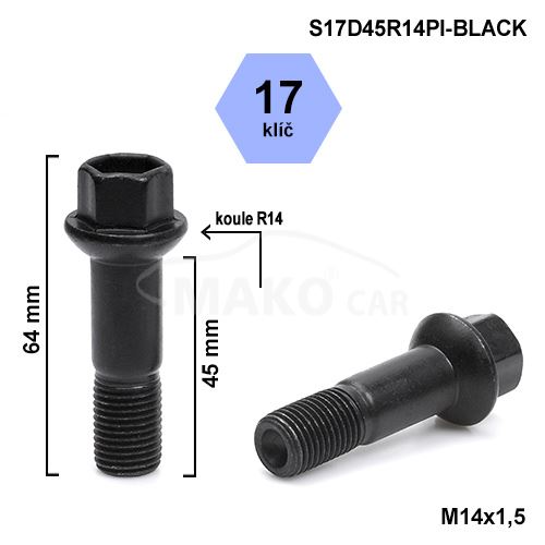 Kolový šroub M14x1,5x45 kulová R14, klíč 17 (S17D45R14MB-BLACK) výška 64mm