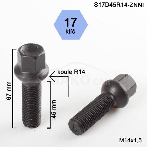 Kolový šroub M14x1,5x45 kulová R14, klíč 17 (S17D45R14-BLACK-SZ5M) výška 67mm