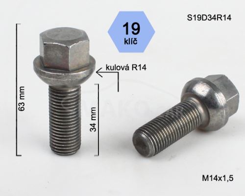 Kolový šroub M14x1,5x34 kulová R14, klíč 19 (S19D34R14) výška 63mm (8156)