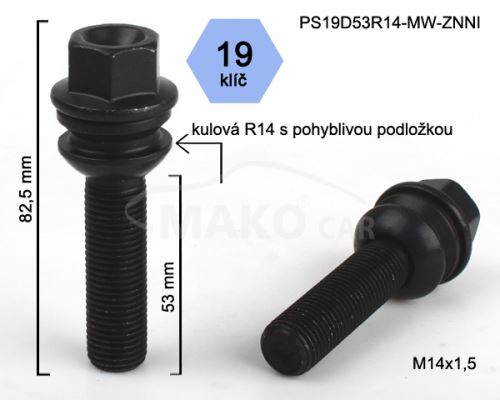 Kolový šroub M14x1,5x53 kulová R14 pohyblivá,klíč 19 (S19D53R14MW-BLACK) výška 82,5 (8131)