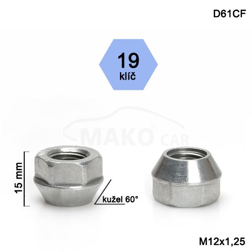 Kolová matice M12x1,25 kužel otevřená, klíč 19 (D61-DE39/S) výška 15mm