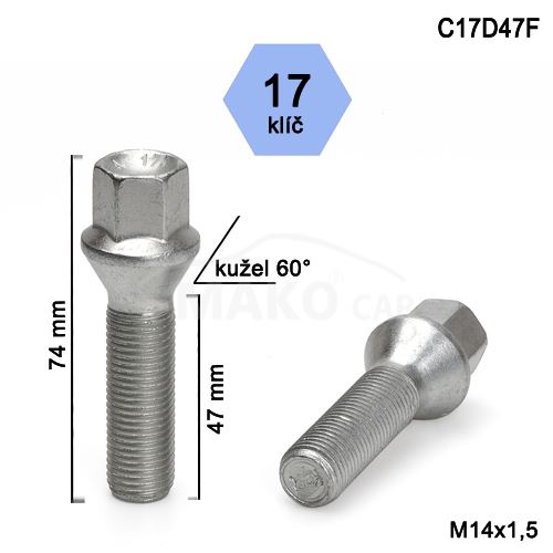 Kolový šroub M14x1,5x47 kužel, klíč 17 (C17D47-C7) výška 74mm
