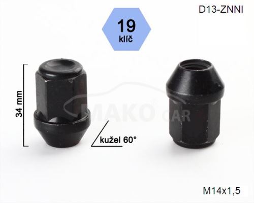 Kolová matice M14x1,5 kužel zavřená, klíč 19 (D13-BLACK-AD/S)(N403B) výška 34mm