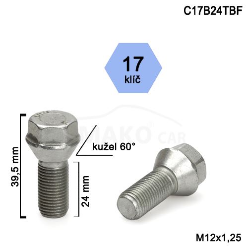 Kolový šroub M12x1,25x24 kužel s krátkou hlavou, klíč 17 (C17B24TB-K1C/S) výška 39,5mm