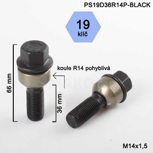 Kolový šroub M14x1,5x36 kulová R14 pohyblivá,klíč 19 (PS19D36R14-BLACK-BPP14) výška 66mm