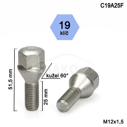 Kolový šroub M12x1,5x25 kužel, klíč 19 (C19A25-PB23/S) výška 51,5mm
