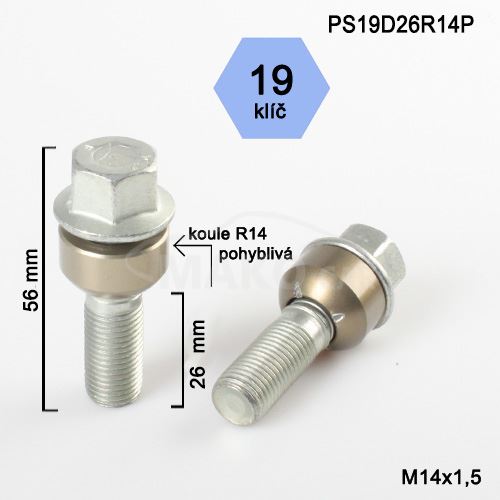 Kolový šroub M14x1,5x26 kulová R14 pohyblivá, klíč 19 (PS19D26R14-BPP28) výška 56mm