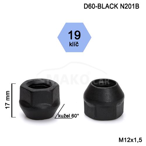 Kolová matice M12x1,5 kužel otevřená, klíč 19 (D60-BLACK)(N201B) výška 17mm