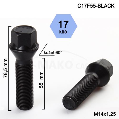 Kolový šroub M14x1,25x55 kužel, klíč 17 (C17F55-BLACK)(M1425KE55W) výška 78,5mm