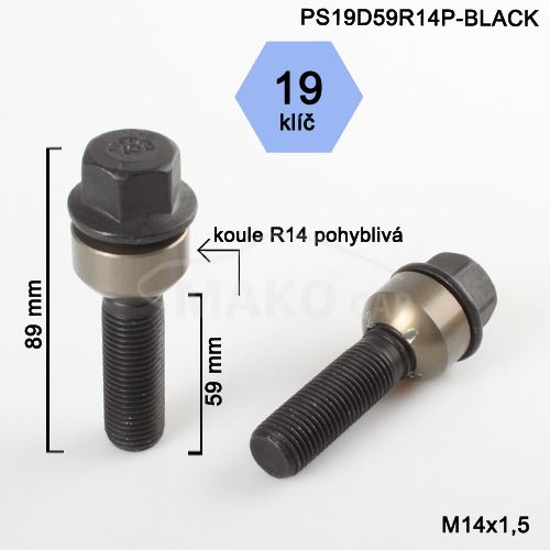 Kolový šroub M14x1,5x59 kulová R14 pohyblivá, klíč 19 (PS19D59R14-BLACK-BPP19) výška 89mm