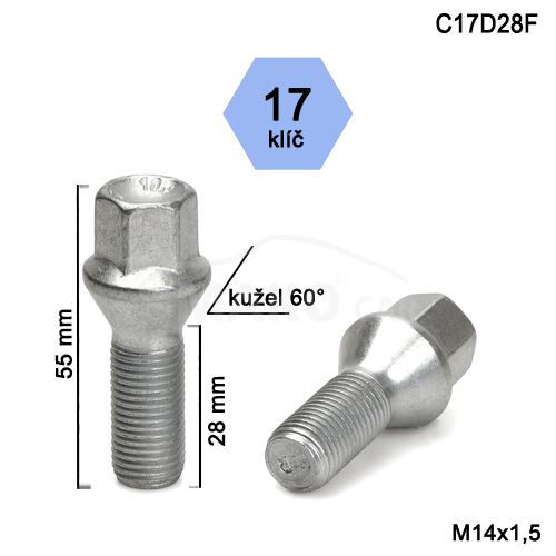 Kolový šroub M14x1,5x28 kužel, klíč 17 (C17D28-C2C) výška 55mm