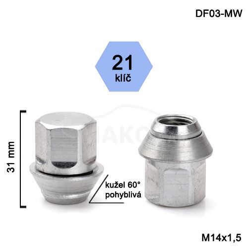 Kolová matice M14x1,5 kužel zavřená pohyblivá, klíč 21(DF03-MWT3DA/S) výška 31mm