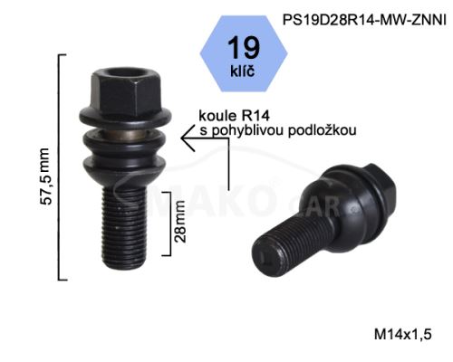 Kolový šroub M14x1,5x28 kulová R14 pohyblivá, klíč 19 (S19D28R14MW-BLACK) výška 57,5mm (8073)