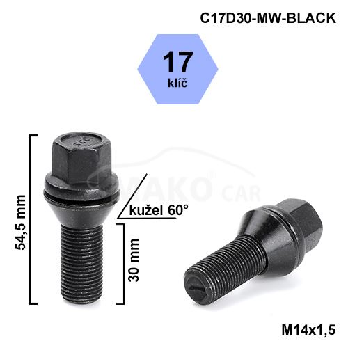 Kolový šroub M14x1,5x30 kužel pohyblivý, klíč 17 (C17D30MW-BLACK-V1415KE30W) výška 54,5mm