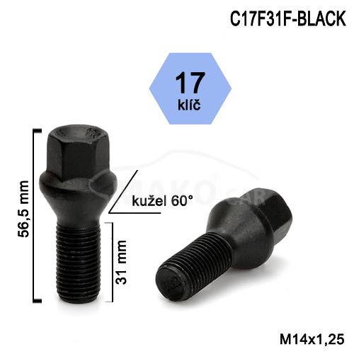 Kolový šroub M14x1,25x31 kužel, klíč 17 (C17F31-BLACK-N9BN9) výška 56,5mm