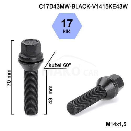 Kolový šroub M14x1,5x43 kužel pohyblivý, klíč 17 (C17D43MW-BLACK-V1415KE43W) výška 70mm