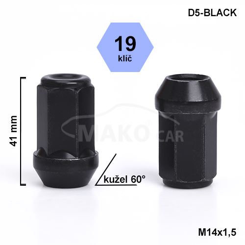 Kolová matice M14x1,5 kužel zavřená prodloužená, klíč 19 (D5-BLACK-DE45/S) výška 41mm