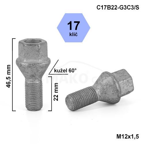 Kolový šroub M12x1,25x22 kužel, klíč 17 (C17B22-G3C3/S) výška 46,5 mm (8276)