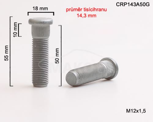 Kolový svorník M12x1,5x50 tisícihran průměr 14,3mm (CRP143A50G)(PR37/P) celková délka 55mm (6399)