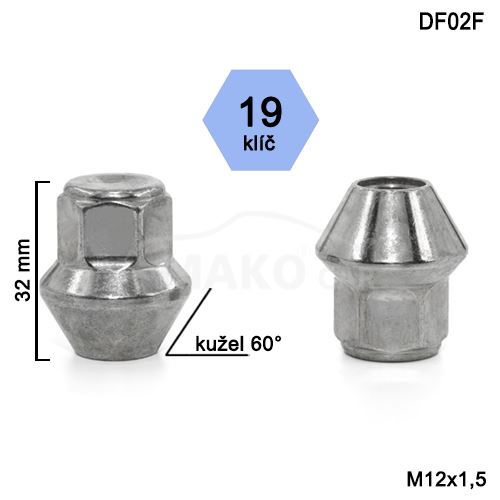 Kolová matice M12x1,5 kužel velký, klíč 19 (DF02-DE57/S) FORD, výška 32mm