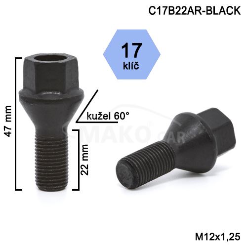 Kolový šroub M12x1,25x22 kužel, klíč 17 (C17B22AR-BLACK-A3C3/S) výška 47 mm