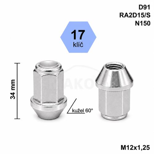 Kolová matice M12x1,25 kužel zavřená, klíč 17 (D91)(RA2D15/S)(N150)
 výška 34mm (3393)