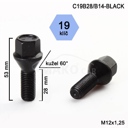 Kolový šroub M12x1,25x28 kužel, klíč 19 (C19B28/B14-BLACK) výška 53mm