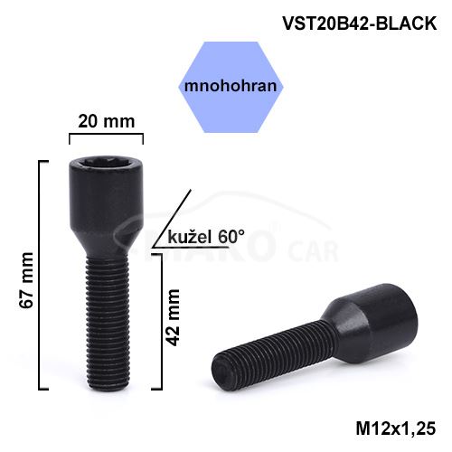 Kolový šroub M12x1,25x42 kužel, vnitřní mnohohran (VST20B42-BLACK) výška 68mm