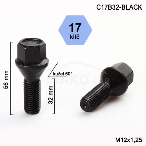 Kolový šroub M12x1,25x32 kužel, klíč 17 (C17B32-BLACK-B129) výška 56mm
