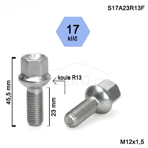 Kolový šroub M12x1,5x23 kulová R13, klíč 17 (S17A23R13-SB42/S) výška 45,5mm