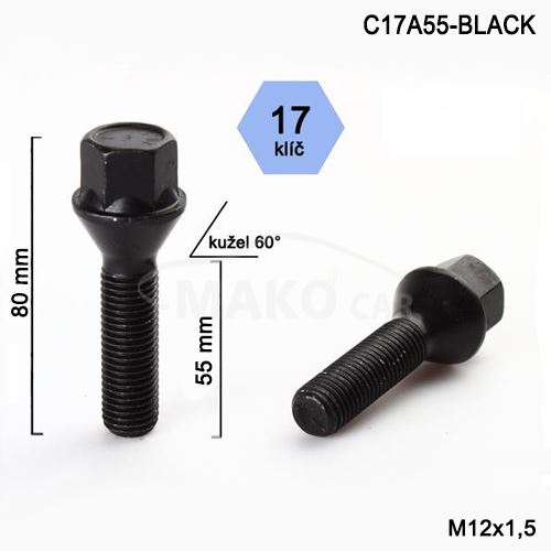 Kolový šroub M12x1,5x55 kužel, klíč 17 (C17A55-BLACK-B115B) výška 80mm