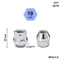 Kolová matice M14x1,5 kužel otevřená, klíč 19 (D17)(N178) výška 25mm