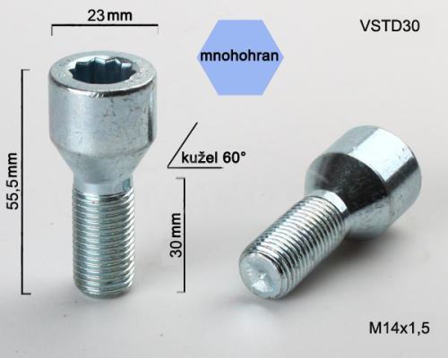 Kolový šroub M14x1,5x30 kužel, vnitřní mnohohran, hlava 23mm (VSTD30-B501) výška 55,5mm (5827)