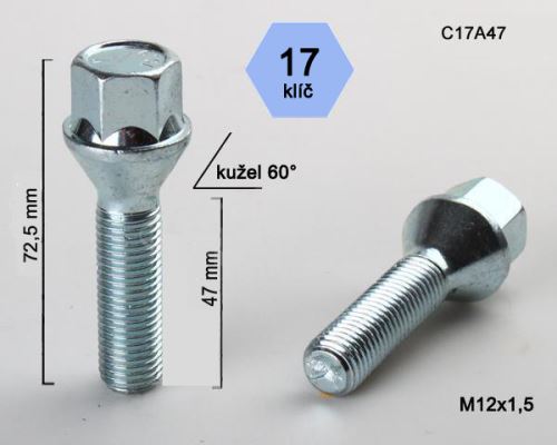 Kolový šroub M12x1,5x47 kužel, klíč 17 (C17A47)(M1215KE47S) výška 72,5mm (5525)
