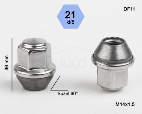Kolová matice M14x1,5 kužel zavřená nerez krytka, klíč 21 (DF11)(DEF3/S) FORD, výška 36mm