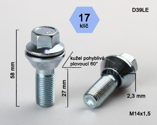 Kolový šroub M14x1,5x27 kužel plovoucí pro změnu rozteče, klíč 17 (C17D27-D39LE) výška 58 (8230)