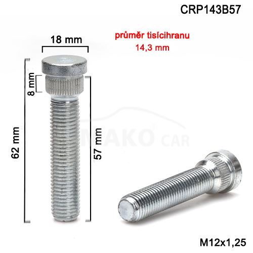 Kolový svorník M12x1,25x57 tisícihran průměr 14,3mm (CRP143B57)(PR21/P) celková délka 62mm