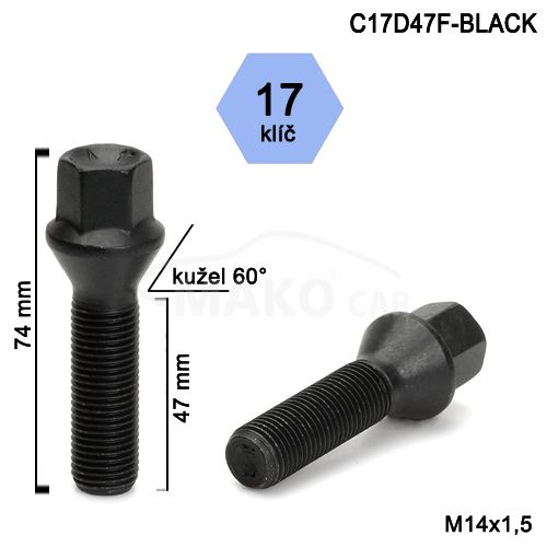 Kolový šroub M14x1,5x47 kužel, klíč 17 (C17D47-BLACK-C7) výška 74mm