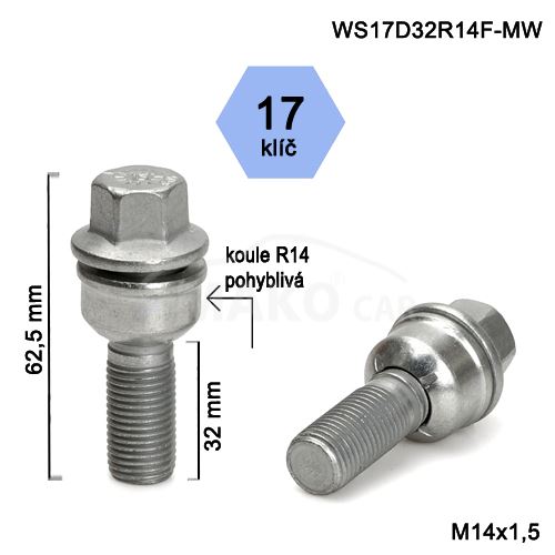 Kolový šroub M14x1,5x32 kulová R14 pohyblivá, klíč 17 (WS17D32R14MW-BPP5) výška 62,5mm