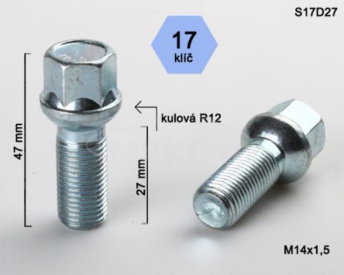 Kolový šroub M14x1,5x27 kulová R12, klíč 17 (S17D27R12)(B550) výška 47mm (3450)