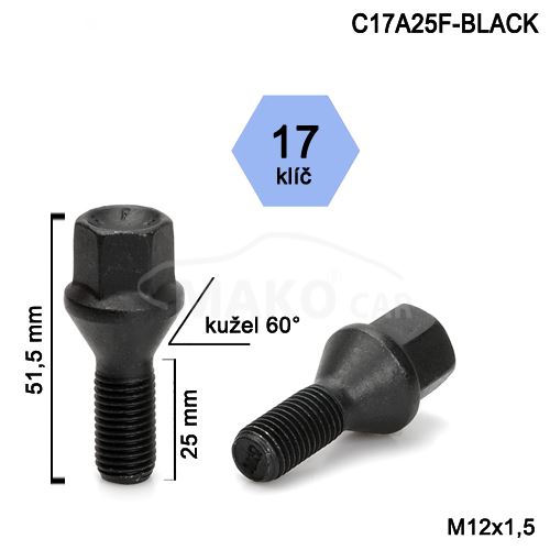 Kolový šroub M12x1,5x25 kužel, klíč 17 (C17A25-BLACK-IB13/S) výška 51,5mm