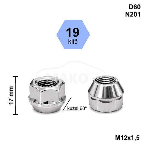 Kolová matice M12x1,5 kužel otevřená, klíč 19 (D60)(N201) výška 17mm (8184)