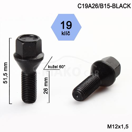Kolový šroub M12x1,5x26 kužel, klíč 19 (C19A26/B15-BLACK)(B301B) výška 51,5mm