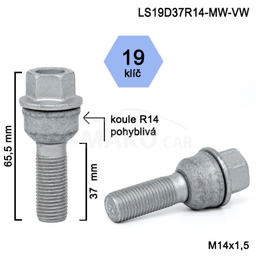 Kolový šroub M14x1,5x36 kulová R14 pohybl, klíč 19 (S19D36R14MW-BPP50) výška 65,5mm (1)