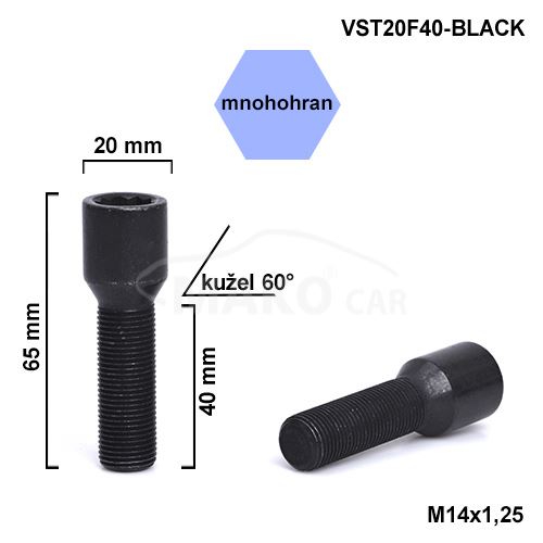 Kolový šroub M14x1,25x40 kužel,  vnitřní mnohohran (VST20F40-BLACK) výška 65mm