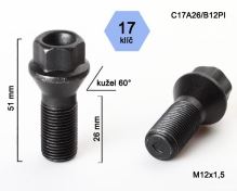 Kolový šroub M12x1,5x26 kužel, klíč 17 (C17A26/B12PI) original BMW, výška 51mm