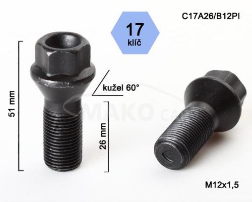 Kolový šroub M12x1,5x26 kužel, klíč 17 (C17A26/B12PI) original BMW, výška 51mm