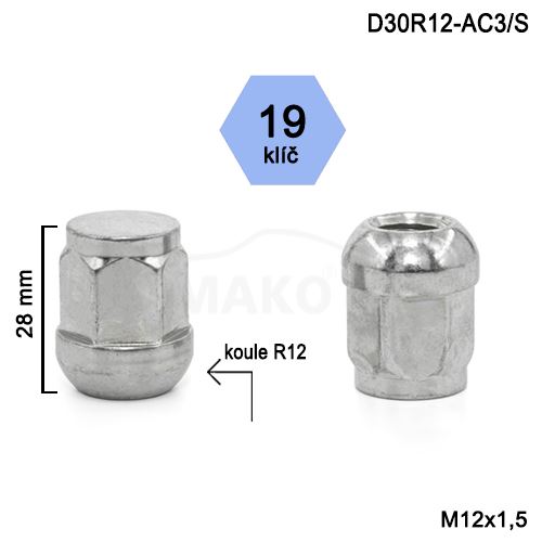 Kolová matice M12x1,5 kulová R12 zavřená, klíč 19 (D30R12-AC3/S) výška 28 mm